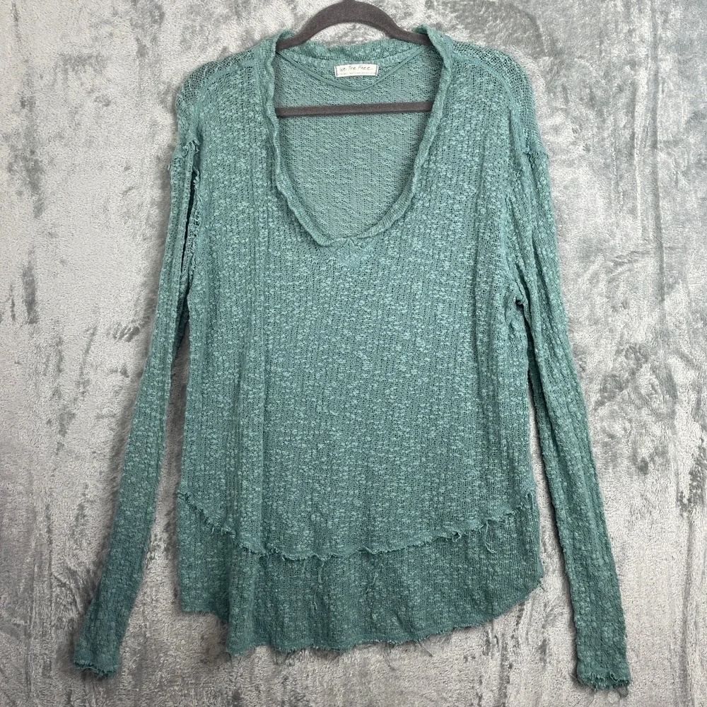 Free People Ocean‎ Air Hacci Top Size XS Blue Cotton Semi Sheer Raw Edge Boho